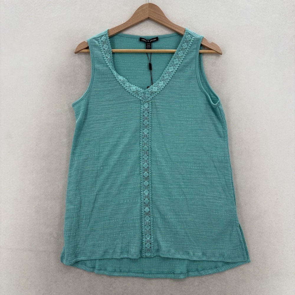 Cable & Gauge Tank Top Womens Medium Aqua Blue Crochet V Neck Tunic Jersey NWT